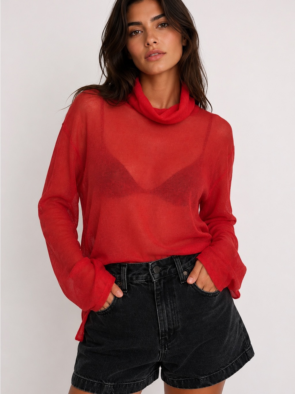 Mango Red Sheer Cowl Neck Sweater